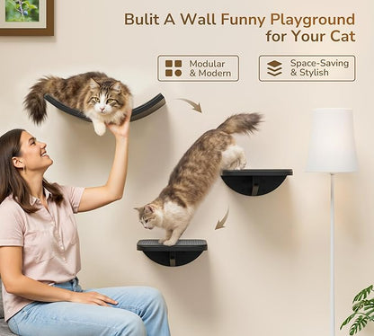 Grey Sisal-Padded Cat Wall Steps (2-Pack), Floating Wooden Cat Perch and Climbing Step Set, Wall Mounted Furniture for Jumping & Play