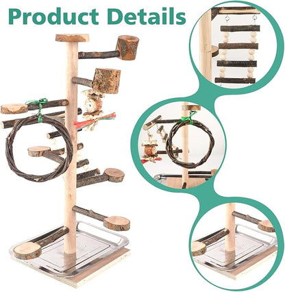 HOSUKKO Bird Playground Parrots Play Stand Wood Perches Stand, Bird Gym Playpen Platform Ladder with Feeder Cups for Cockatiels Budgies Lovebirds, Brown