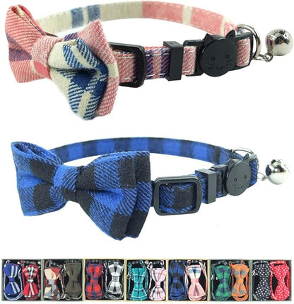 Cat Collar Breakaway with Bell and Bow Tie, Plaid Design Adjustable Safety Kitty Kitten Collars Set of 2 PCS (6.8-10.8in) (Pink&Blue Plaid)