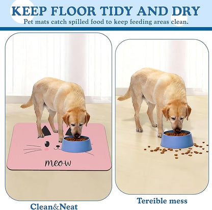 Pink Cat Meow Dog Food Mat–Christmas Stocking Absorbent Quick Dry Feeding Placemat for Food and Water Bowls, Non Slip Rubber Backing, Waterproof Pet Supplies for Mess-Free Eating 16"x24"