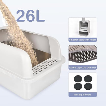 Henkelion 2 Pack Stainless Steel Cat Litter Box with Lid, 20" L x 14.2" W x 11.8" H, Extra Large Litter Box for Big Cats with High Sided, Anti-Urine Leakage, Easy Cleaning, Include Cat Mat and Scoop