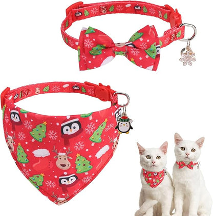 SCENEREAL Christmas Cat Bandana Collar with Bell Bowtie - 2 Pack Breakaway Kitten Collars, Adjustable Cute Pet Accessories for Cats and Small Dogs