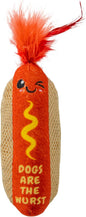 Catstages Hotdog Kicker Toy with Catnip and Dental Mesh, Hot Dog Shape, Plush and Feather Cat Toy for Kicking, Tossing, and Teeth Cleaning, Brown
