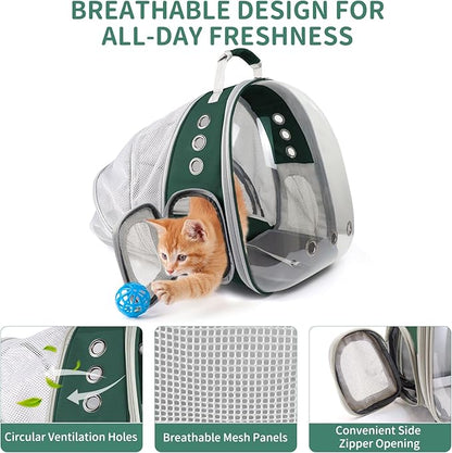 Cat Backpack Carrier, Back Expandable Pet Backpack with Bubble Window, Airline Approved Pet Travel Bag for Small/Medium Cats & Puppies, Hiking, Camping, Outdoor Use (Green)