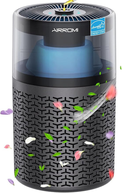 AIRROMI Pet Air Purifier for Home & Bedroom, HEPA Activated Carbon Filter, Removes Pet Dander & Odor, Allergies, Smoke, Hair, Night Light, Fragrance Sponge, Up to 658 ft², A2002 Grey