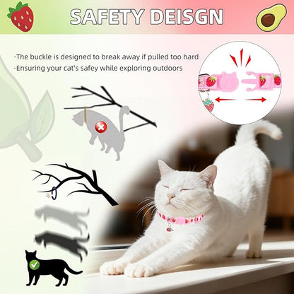 PUPTECK Breakaway Cute Cat Collar with Bell Charm, 2 Packs Adjustable Kitty Collars Fruit Pattern, Pink&Green, 7.8-11.8 in