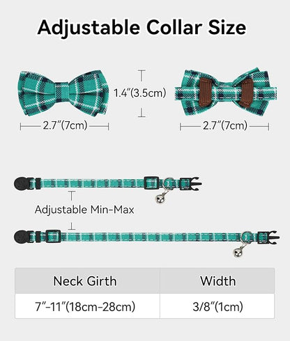 Joytale Upgraded Cat Collar with Bells, Breakaway Cat Collars with Bow Tie, 2 Pack Girl Boy Safety Plaid Kitten Collars, Haze Blue+Teal