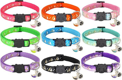 2 Pack Breakaway Cat Collar with Bells,Adjustable Moon and Star Kitten Safety Collars for Boys & Girls,Black+Teal