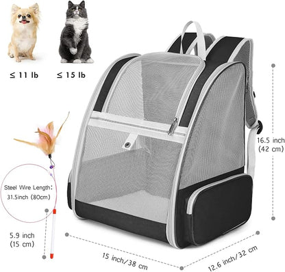 Cat Backpack Carrier, Pet Carrier Backpack with Kitten Wand Feather Toy for Medium Small Dog Cat Puppy Kitty Bunny up to 15lbs, Large Ventilated Mesh Cat Bookbag for Travel Walking Outdoor Use (Black)