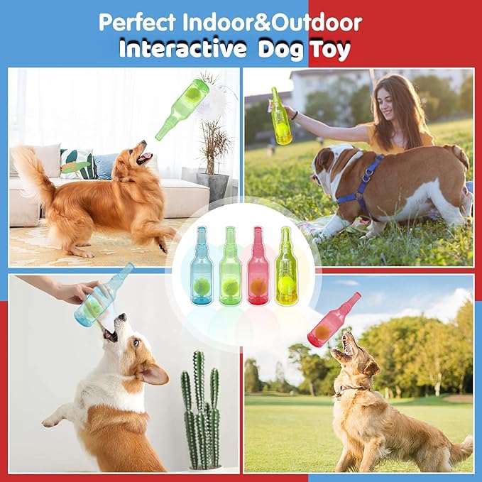 Cute Tough Dog Toy Rubber Bottle Squeaky Dogs Chew Toy Long Lasting Interactive Fetch Toy for Teething Tennis Ball Included (Blue, Large)