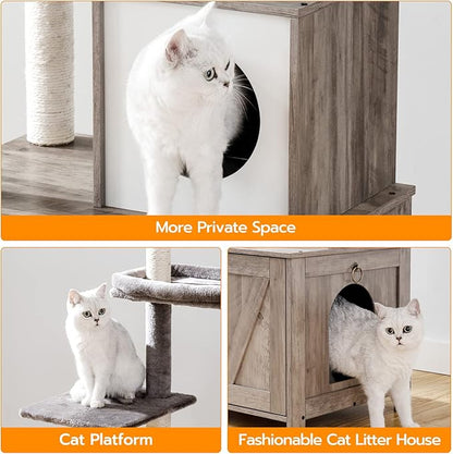 HOOBRO Cat Tree Tower with Litter Box Enclosure Indoor, Wooden Cat Condo with Scratching Posts, Litter Box Furniture Hidden, All-in-One Cat House, Greige BG15MZ03