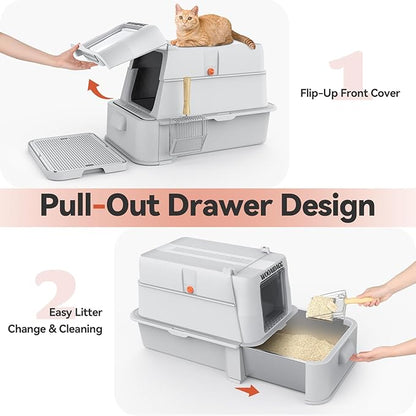 Enclosed Stainless Steel Cat Litter Box with Odor Control, Modular Design with Drawer and Flip Door, Easy to Clean and Wash,Non-Stick Interior,Extra Large Size Fits All Cats(Light Grey)