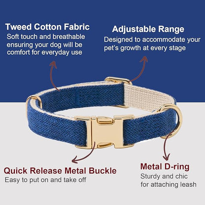 Soft Cotton Hemp Dog Collar with Metal Buckle Adjustable Tweed Dog Collars for Small Medium Large Dogs(Royal Blue,Medium)