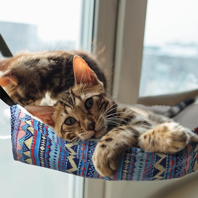 Jetec 2 Pack Cat Hammock for Cage, Catio Accessories Reversible Soft Cats Bed with Adjustable Straps and Hooks Double-Sided Linen and Fleece Hanging Hammock for Cats, Kitten(Ethnic Pattern,M)