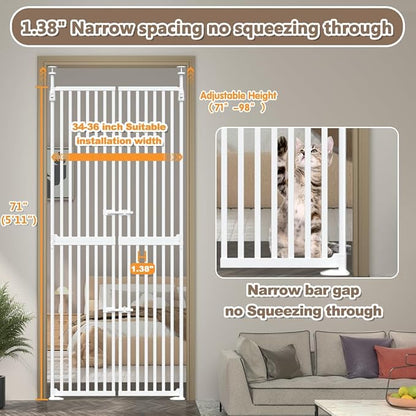 71" High Extra Tall Cat Gate, 34-36 Inch Tall Pet Gates, Auto Close Kitten Safety Gates, Double Pet Door for Doorway, Indoor Pet Barrier, No Drilling, Cats Proof Gate, Kitchen