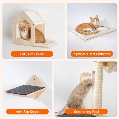 HOOBRO Wood Cat Wall Shelves, Set of 5 Cat Wall Mounted Furniture, Climbing Shelves with House, Steps, Scratching Post, Perch, Sturdy and Anti-Slip, Natural NL43CS03G1