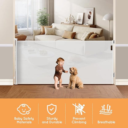 Retractable Baby Gate for Stairs, 55" Wide Mesh Pet Gate, Automatic Tension, One-Hand Operation, 38" Tall Baby Gates for Doorways, Hallways, Deck, Indoor Outdoor, Safe, Easy to Fit, White