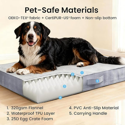 OhGeni Orthopedic Waterproof Dog Bed for Extra Large Dogs, Machine-Washable Removable Cover in Easy-Clean Fabric, High Density Foam & Easy-Carry Handle, Suitable for Crate, 47 inch (Gray)
