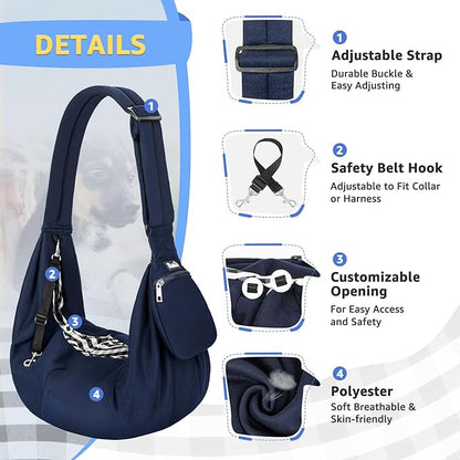 SlowTon Dog Carrier Sling - Thick Padded Shoulder Strap Adjustable Dog Carriers for Small Dogs, Puppy Carrier Purse for Pet Cat with Front Zipper Pocket Safety Belt Machine Washable (Navy Knitted, S)