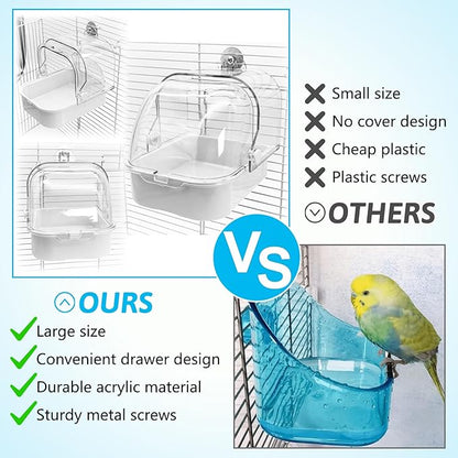 Tfwadmx Bird Cage Bath Hanging Parrot Bath Tub Water Shower Food Feeder Holder Tray Bird Bath Supplies for Small Birds Canary Budgies Cockatiel Lovebirds (White)