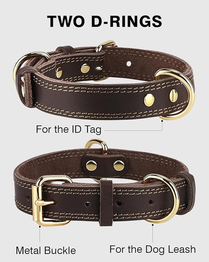 Joytale Leather Dog Collar for Small Dogs, Genuine Solid Sturdy Leather for Active Small Breeds, Adjustable Metal Pin Buckle, Durable and Secure Pet Collar for Daily Use, Brown, S