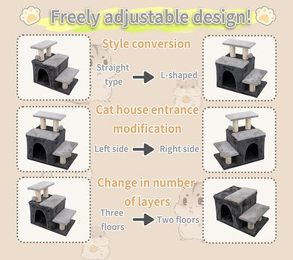 3-in-1 Pet Stairs for Cats for High Bed, Adjustable Dog Steps, Modular 3-Tier, Cushioned Steps & Big Cat Condo, Adjustable Entrance, Dangling Ball, for Kittens, Senior & Fat Cats (Grey, Large)