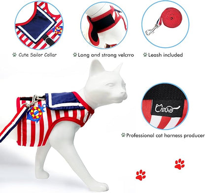 Cat Harness and Leash for Walking Escape Proof, Adjustable Cat Vest Harness, Padded Stylish Cat Walking Jackets, Sailor Suit Red, Medium