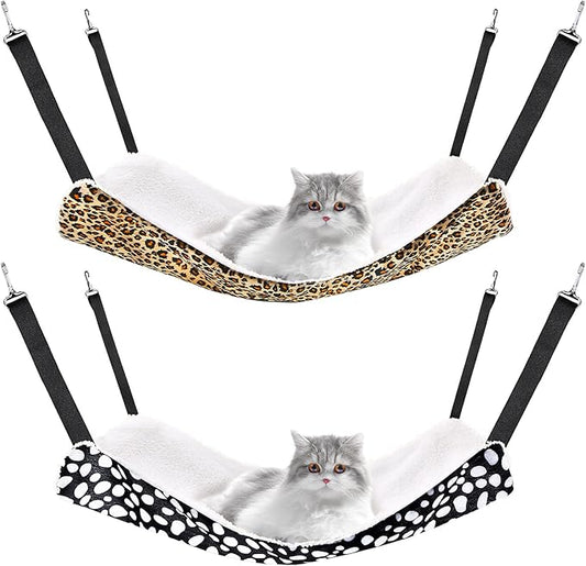 Jetec 2 Pack Cat Hammock for Cage, Catio Accessories Reversible Soft Cats Bed with Adjustable Straps and Hooks Double-Sided Linen and Fleece Hanging Hammock for Cats, Kitten(Leopard and Dot,S)