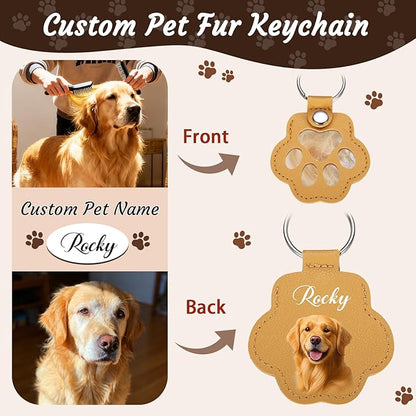 Personalized Dog Hair Keychain with Photo Name, Custom Pet Fur Keepsake, Pet Memorial Gifts for Dogs,Pets Paw Shaped Leather Keychain, Cat Memorial Gifts for Loss of Cat, Christmas Gift for Dog Lover