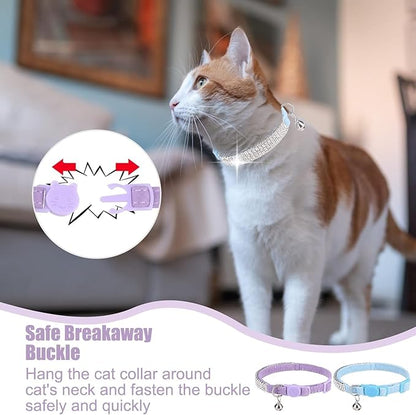 EXPAWLORER Soft Velvet Safe Cat Collars for Girl Cats - Rhinestones Bling Diamante Adjustable Collars Breakaway- Chirstmas Cat Clollar Gifts with Bells for Boy Cats Kitty and Small Dogs