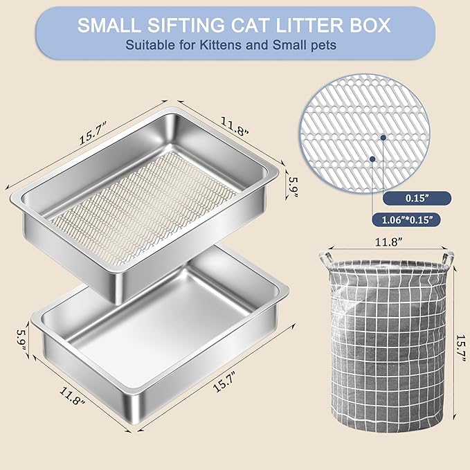 Teheao Stainless Steel Sifting Cat Litter Box for Clumping Litter, Kitty Large Metal Sifter Tray Pan with Cat Litter Bag, Low Dust, Odor Control, Easy Cleaning (15.7"*11.8"*5.9")