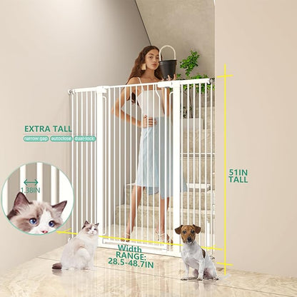 51" Extra Tall Cat Gate 28.5"-48.7" Wide, Auto Close, Pressure Mounted, for Cats & Small Dogs, Hallway, Stairs, Kitchen, Not Baby Gate,White