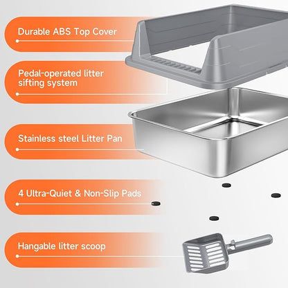 Stainless Steel Cat Litter Box, Odor Free Metal Litter Box with High Sides Lid, Open Top Low Entry Litter Pan Include Scoop Easy Cleaning Anti-Scratch Kitty Cat Box Anti-Urine Leakage, Non-Sticky