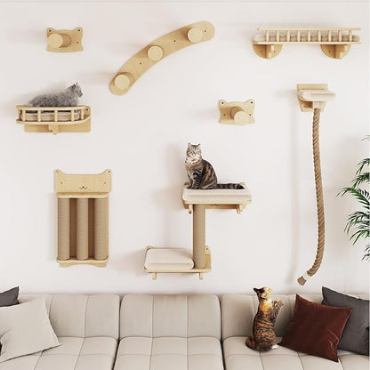 BYBYME Cat Climbing Wall Set Made of Natural Wood, 8 Pcs Sturdy Furniture with Scratching Posts, Kitten Platform, 100CM Sisal Rope and Cat Bed for Cats Sleeping, Playing, and Lounging（Natural Wood）