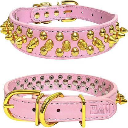 TEEMERRYCA Pink Leather Gold Spiked Studded Dog Collar for Female Puppy Small Medium Large Pets,Pit Bulls Bulldog, Keep Dog Safe from Grabbing by Huge Dogs, M(12"-15")