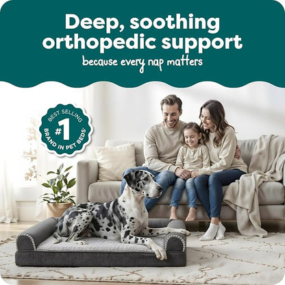 FurHaven Orthopedic Dog Bed For Large Dogs, Sofa Contour Mattress with Solid Orthopedic Foam Slab for Joint Support, Removable Washable Cover, Jumbo Plus XXL, Faux Fur, Charcoal