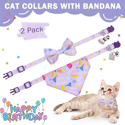 SCENEREAL Cat Bandana Collar for Birthday - 2 Pack Breakaway Kitten Collars with Bell Bowtie, Accessories for Pet, Adjustable Cute Cat Collars for Cats and Small Dogs Boys Girls, Purple