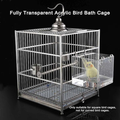 Hanging Cube Bird Bath Cage, Transparent Bird Bathtub Bath Shower with Stainless Steel Hooks for Small Bird Canary Parakeet Budgerigar Parrots Crested Myna Cockatiel Lovebird (Large)