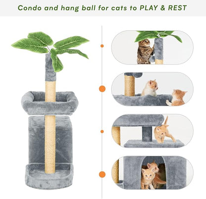 31.5in Multi-Level Cat Tower with Sisal Scratching Posts, Hidden Cave & Perch Platform, Large Cat Condo for 1-3 Cats, Eco-Friendly Pet Furniture with Realistic Leaves, Grey