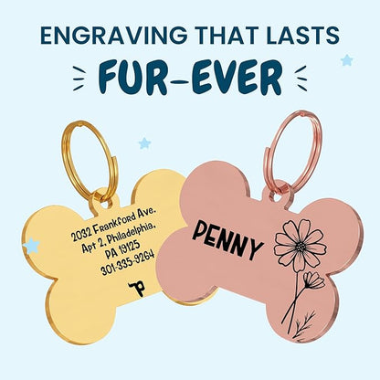 PawFurEver Dog & Cat Tags - Personalized Engraved Custom Name Tags - Stainless Steel - Rose Gold Bone Shapes