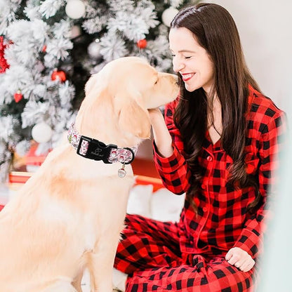Christmas Dog Collar for Large Dogs - Cute Santa Print Pink Christmas Collars for Dogs, Soft Adjustable Winter Holiday Dog Collars with Quick Release Buckle L