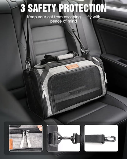 PETUX Top and Side Expandable Pet Carrier for Small Pets Up to 11 lb - 17 x 11 x 9.5 in, Underseat, Soft-Sided Airline Approved Cat Dog Carrier with Safety Buckle and Anti-Scratch Mesh - Grey