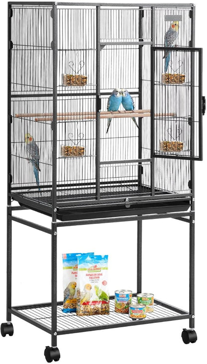 VEVOR Bird Cage, 24.6 x 16.7 x 53.9 inch, Flat Top, Wrought Iron Bird Flight Cage with Perches, Slide-Out Tray and Plastic Feeders, Casters, for Parrot, Blue Tit, Cockatiel, Canary, Budgerigar, Conure