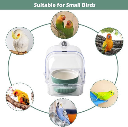 Bird Cage Feeder with Ceramic Bowl,2 in 1 No Mess Bird Feeder and Transparent Parakeet Bathtub with Bottom Drawer Hanging Tube Shower Box for Birds Budgies Parakeet Small Parrot Cockatiels