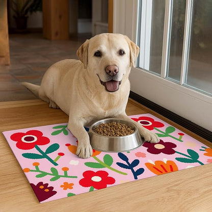 Pet Feedings Mats 20x12 inch Floral Print Pet Bowl Placemat Non Slip Mat for Cat and Dog Food and Water Indoor Pet Feeding Station Colorful Meal Mat for Small Pets Kitchen Floor Use