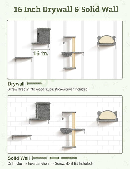 5-in-1 Cat Wall Shelves, Solid Wood & Velvet & Sisal Scratcher, 44lbs Max Load, Wall Mounted Cat Furniture for Climbers, Cat Climbing Wall System, Fits Drywall & Solid Walls - Cool Gray