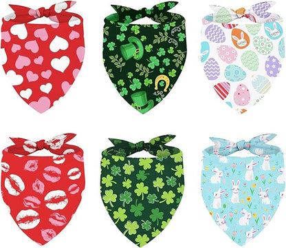 Whaline 6 Pack Valentine's Day Pet Bandanas Heart Pet Neckerchief Shamrock Clover Triangle Dog Bibs Easter Spring Bunny Dog Collar Scarf St. Patrick's Day for Pet Costume Accessories