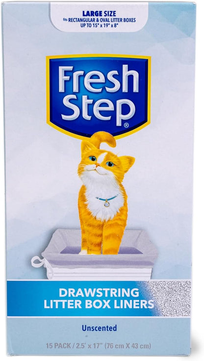 Fresh Step Drawstring Cat Litter Box Liners, Unscented Heavy Duty Kitty Litter Bags for Large Oval or Rectangle Pans, Helps Contain Odor and Mess, Easy Lift Out Cleanup, 30 x 17 in, 15 Count - 12 Pack