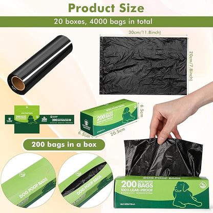 Sherr 20 Boxed Rolls 4000 Counts Dog Poop Bags Bulk Leak Proof Dog Waste Bags Universal Pet Doggy Waste Poop Box for Puppy Pets Outdoor Walking and Travel, 20 Rolls of 200(Black)
