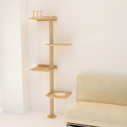 Wall-Mounted Tall Cat Tree Cat Scratching Post, Space Saving Floor to Ceiling Cat Tower, Natural Wood Wall Shelves, Corner cat Jumping Platform cat Bed,Suitable for Large Cats-63